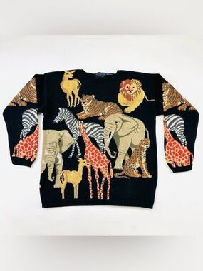 Vintage 90s Animal cotton sweater Womens Medium Safari Jungle African Animals